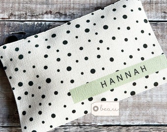 Personalised Name Polka dot Design Linen style Fabric Make up Bag Birthday gift for her mum sister friend