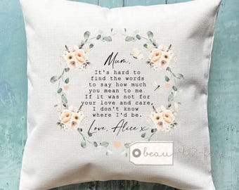 Personalised It’s hard to find the words to say.. Peach Floral Design Home Quote Linen Style Cushion Mother’s Day gift Birthday gift Mum Nan