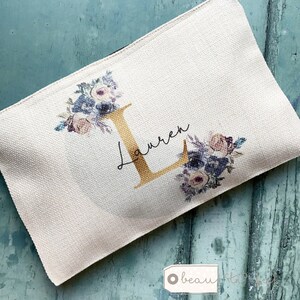 Personalised Name Mauve pink floral Design Linen style Fabric Make up Bag Birthday gift for her mum sister friend