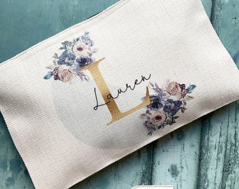 Personalised Name Mauve pink floral Design Linen style Fabric Make up Bag Birthday gift for her mum sister friend