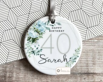 Personalised Happy Birthday Milestone 18 21 30 40 50 Blue Floral Design Ceramic or Acrylic Round Decoration Ornament Wedding Keepsake