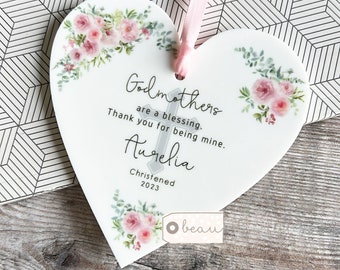 Personalised Godmother Godfather Godparents Gift Thank you Christening Baptism Quote Greenery Acrylic Heart Keepsake Ornament