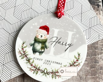 Personalised Baby Babies Baby’s First Christmas Gift Newborn Polar bear Santa hat jumper Scene Design Ceramic or acrylic Ornament Keepsake