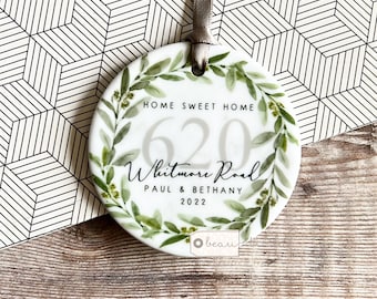 Personalised Home sweet Home Housewarming New Home Wreath Greenery Design Ceramic or Acrylic Round Decoration Ornament Wedding Keepsake