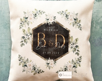Personalised Just Married gift wedding gift Mr Mrs Bride Groom Home Quote Foliage Design Home Quote Linen Style Cushion cover