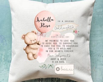 Personalised Christening Baptism Gift Promise to Godchild Godson Goddaughter Teddy bear Balloon Linen Style Cushion Godparent Godmother
