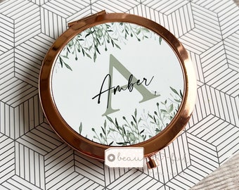 Personalised Compact mirror gift Birthday friend Female relative mum auntie gran sister gift Greenery Rose Pocket Mirror Keepsake