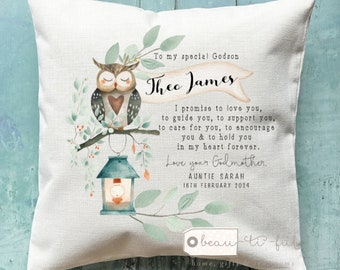 Personalised Christening Baptism Gift Promise to Godchild Godson Goddaughter girl boy owl woodland Linen Style Cushion Godparent Godmother