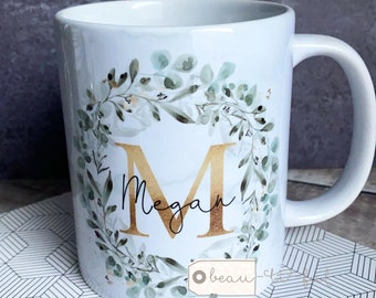 Personalised Name and initial Eucalyptus Greenery Wreath Ceramic Mug - Tea mug - coffee Mug - Gift mug