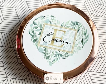 Personalised Compact mirror Eucalyptus heart Greenery Round Rose Gold Compact Pocket Mirror Wedding Bridesmaid Gift