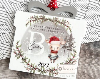 Personalised First Christmas as Grandparents Grandma Nanna to reindeer santa hat gift Acrylic present shaped Ornament tree Keepsake bauble