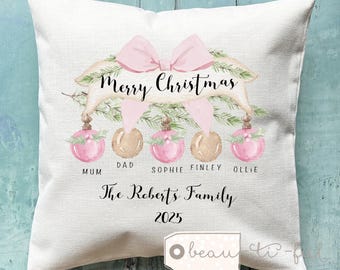 Personalised Christmas Family cushion Wreath Bauble Family gift Foliage Greenery Home Quote Linen Style Cushion cover