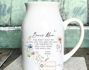 Personalised Bonus mum gift Step mum mom mam mommy mummy auntie Like a mum gift Pink Wildflower Floral Ceramic Small Vase Jug Mug gift