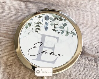 Personalised Name and initial Eucalyptus Greenery Wreath Round Rose Gold Compact Pocket Mirror Keepsake Bridesmaid Gift