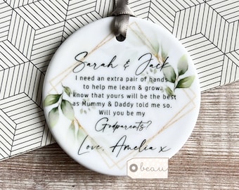 Personalised Will you be my Godmother Godfather Godparents Proposal Christening Baptism Gift Greenery Ceramic or acrylic Round Keepsake