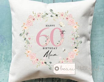 Personalised Happy Birthday Gift Age Milestone 21 30 40 50 60 70 80 90 pink Floral Design Home Linen Style Cushion Friend gift Gift for her