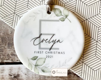 Personalised First Christmas Baby Boy Girl Greenery leaf Design Ceramic Round Ornament Keepsake