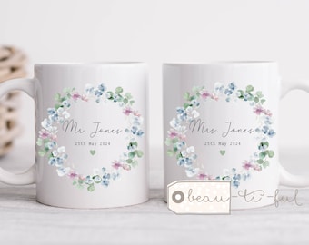 Personalised Wedding gift Mr Mrs Bride Groom Just Married Gift Mug Greenery Wreath Wedding role Ceramic Mug - Tea mug - coffee Mug  Gift mug