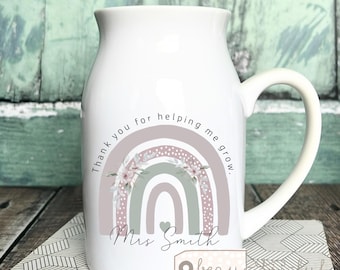Personalised Thank you Teacher gift Teaching Assistant Nursery Teacher Mentor Add your own text Ceramic Rainbow Small Jug Mug Vase gift