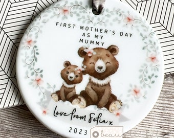 Personalised First Mother’s Day Gift Mum Mummy Mommy Nanny Nana Gran Grandma Bears Greenery Ceramic or acrylic ornament Keepsake decoration