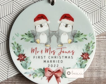 Personalised 1st First Christmas Married Wedding gift as Mr Mrs Newlywed Santa Penguin Greenery Acrylic or ceramic Round Ornament Keepsake