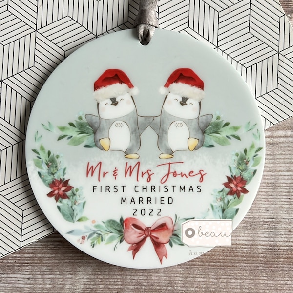 Personalised 1st First Christmas Married Wedding gift as Mr Mrs Newlywed Santa Penguin Greenery Acrylic or ceramic Round Ornament Keepsake