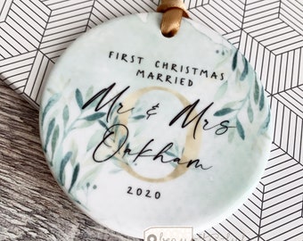 Personalised First Christmas Married Mr Mrs Newlywed Botanical Greenery Gold leaf Design Ceramic or Acrylic Round Ornament Keepsake