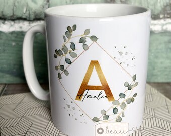 Personalised Name and initial Geometric Eucalyptus Greenery Ceramic Mug - Tea mug - coffee Mug - Gift mug