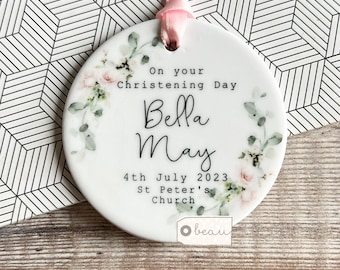 Personalised Christening Baptism Gift Naming day Baby Boy Girl Laurel greenery Ceramic or acrylic Round Ornament Keepsake