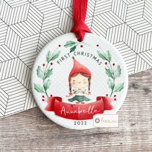 Personalised Baby Babies Baby’s First Christmas Boy Girl Newborn Holly Elf Pixie Design Ceramic Round Ornament Keepsake