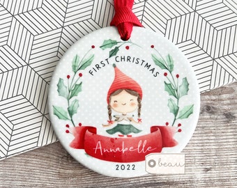 Personalised Baby Babies Baby’s First Christmas Boy Girl Newborn Holly Elf Pixie Design Ceramic Round Ornament Keepsake
