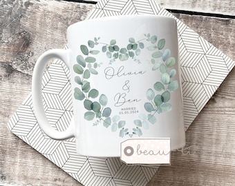 Personalised Wedding gift Mr & Mrs Bride Groom Just Married Gift Mug Greenery Wreath Gift set Ceramic Mug Tea mug coffee Mug Gift His Hers