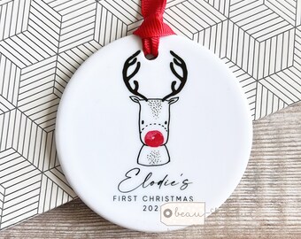 Personalised Baby Babies Baby’s First Christmas Boy Girl Newborn Red Nose Reindeer Design Ceramic or Acrylic Round Ornament Keepsake