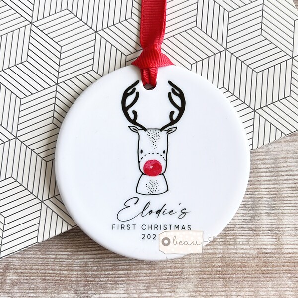 Personalised Baby Babies Baby’s First Christmas Boy Girl Newborn Red Nose Reindeer Design Ceramic or Acrylic Round Ornament Keepsake