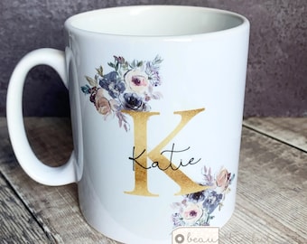 Personalised Name and initial Mauve pink floral Mug - Gift mug - Tea mug- Coffee mug