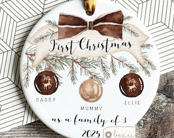 Personalised 1st First Christmas as family of 3 4 5 Bauble Mummy Daddy Mammy Mommy New parents Baby Greenery Ornament Keepsake chocolate