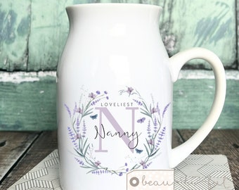 Personalised Loveliest Mum Gran Nanna Grandma Home Quote Wildflower Lilac Lavender Floral Design ceramic Jug Vase mug Birthday  Gift