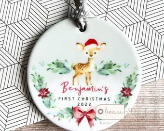 Personalised 1st Christmas Baby Babies Baby’s First Christmas Woodland Deer Ceramic or Acrylic Round Ornament Keepsake Boy gift child gift