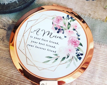 Personalised A Mum is your first friend Mom Mam Gift Quote Pink burgundy Floral Design compact mirror