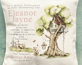 Personalised Christening Baptism Gift Promise to Godchild Godson Goddaughter Rabbit Woodland Tree Linen Style Cushion Godparent Godmother