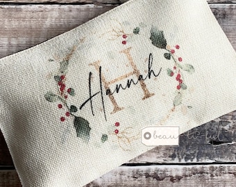 Personalised Name and Initial Christmas Holly Design Linen style Fabric Make up Bag Birthday gift for her mum sister friend