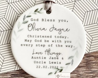 Personalised Christening gift God bless you Niece Nephew Grandchild Baptism Baby Boy Girl Greenery Ceramic or acrylic Ornament Keepsake