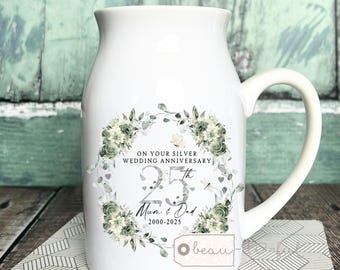 Personalised Silver Wedding Anniversary gift 25th 25 Silver Golden Diamond Ruby Sapphire Anniversary gift Floral Ceramic Small Vase Jug Mug