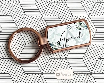 Personalised Name and initial Greenery Round Rose Gold Silver Keyring Keepsake Bridesmaid Gift
