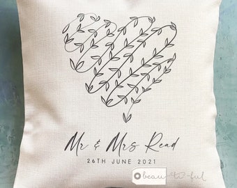 Personalised Wedding gift Bride Groom gift Married Mr Mrs Home Heart Design Home Quote Linen Style Cushion Gift for couple