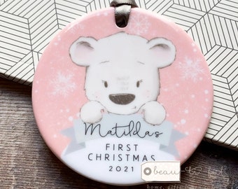 Personalised Baby Babies Baby’s First Christmas Boy Girl Newborn Bear Design Ceramic Round Ornament Keepsake