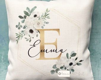 Personalised Name White Floral Design Home Quote Linen Style Cushion cover Gift for her home gift