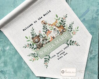 Personalised Welcome to the world Baby Boy Girl Gift Woodland animals Design Home Quote Linen Style Pennant Flag Room Decor