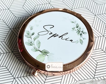Personalised  Name Foliage Greenery Round Rose Gold Compact Pocket Mirror  Keepsake