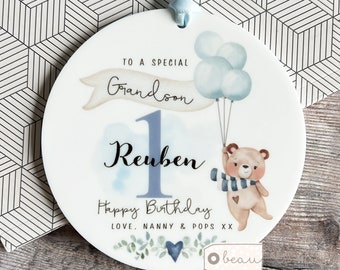 Personalised First 1st Happy Birthday Gift Teddy bear floral Greenery Design Ceramic or acrylic Round Decoration Ornament Wedding Keepsake